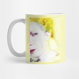 Portrait, digital collage and special processing. Face glimpse.Very beautiful guy. Very soft. Warm yellow, white. Mug